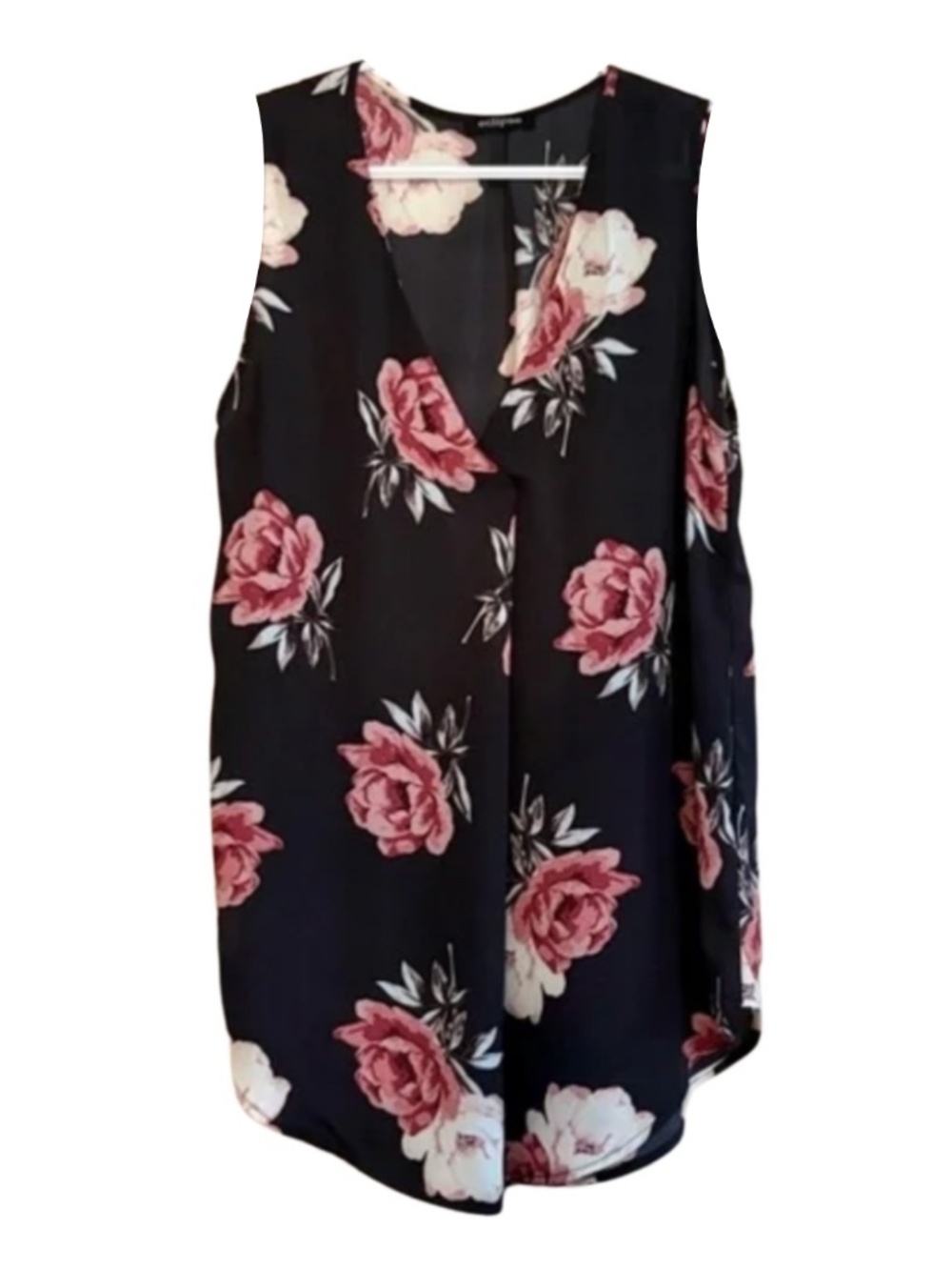 Eclipse Black & Pink Rose Sleeveless V-Neck Tunic Blouse – Size Small EUC